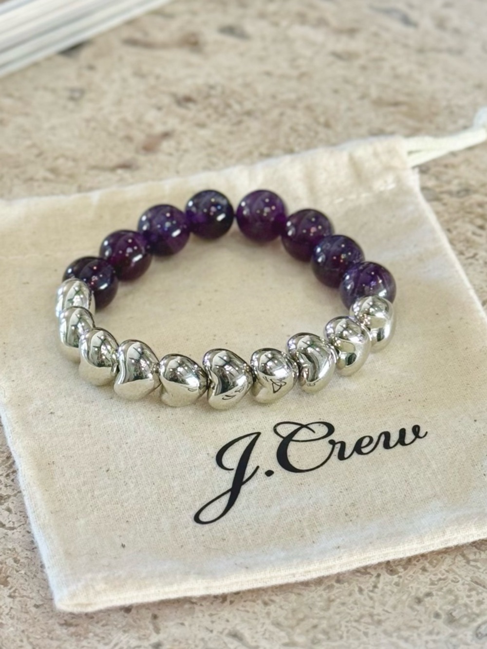 j crew silver puff heart and amethyst beaded stretch bracelet 7”